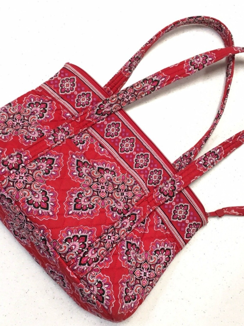 Vera Bradley Bright Red Quilted Tote with Pink Paisley Motif